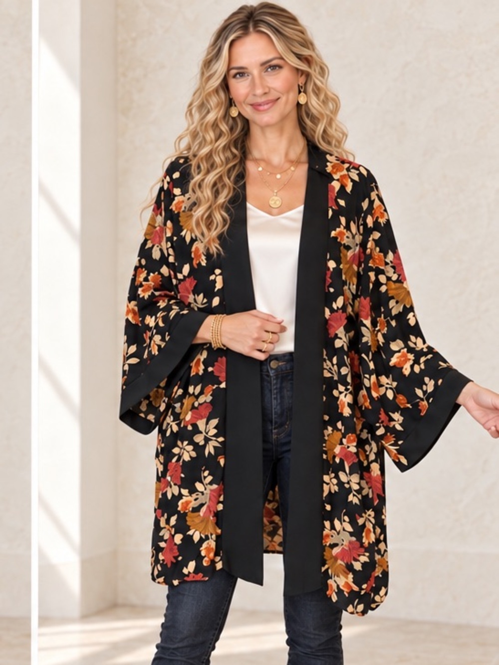 Vintage Gemini II Open Front Kimono Jacket Floral Print Petite